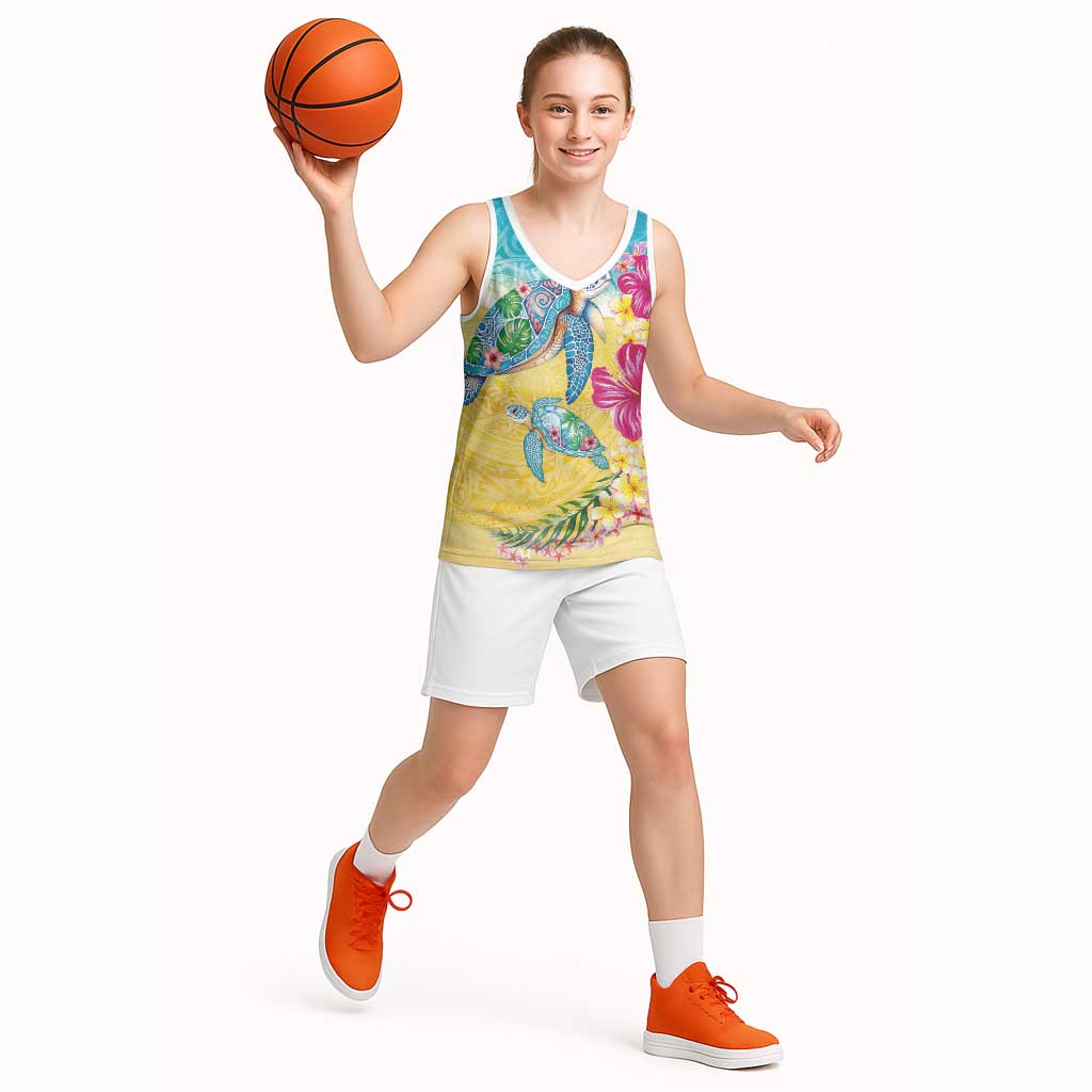 Hawaiian Tropical Plants Turtles Basketball Jersey Watercolor Style - Polynesian Pride