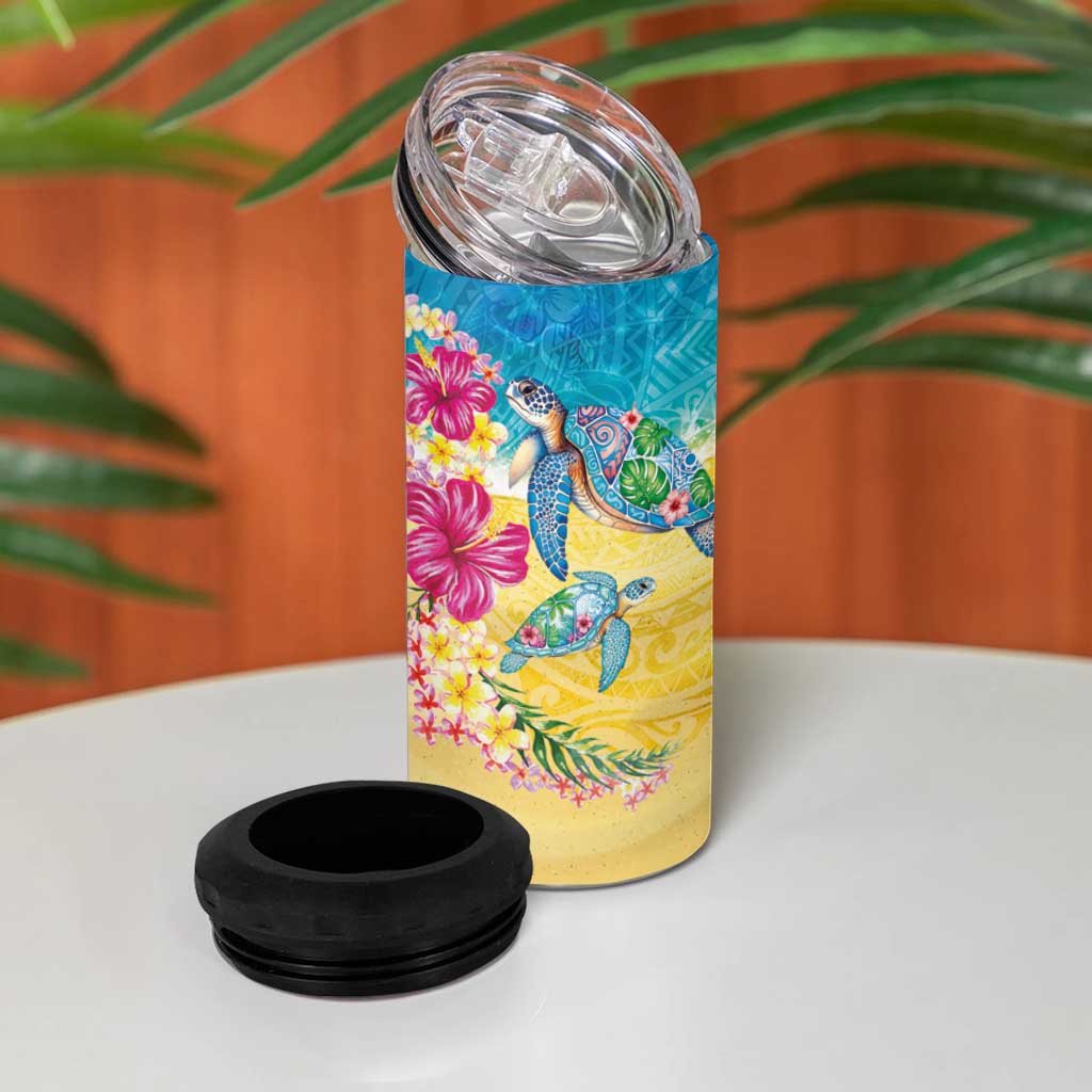 Hawaiian Tropical Plants Turtles 4 in 1 Can Cooler Tumbler Watercolor Style - Polynesian Pride