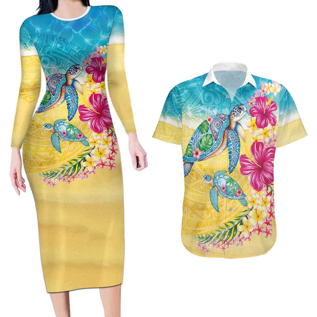 Hawaiian Tropical Plants Turtles Couples Matching Long Sleeve Bodycon Dress and Hawaiian Shirt Watercolor Style LT03 Multicolor - Polynesian Pride