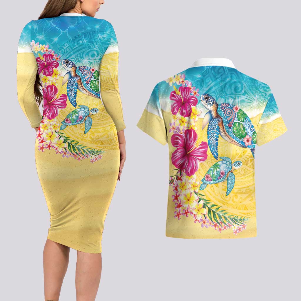Hawaiian Tropical Plants Turtles Couples Matching Long Sleeve Bodycon Dress and Hawaiian Shirt Watercolor Style LT03 - Polynesian Pride