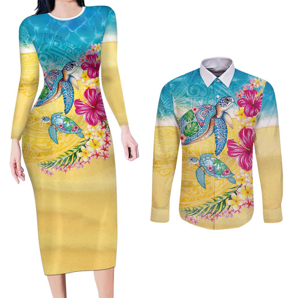 Hawaiian Tropical Plants Turtles Couples Matching Long Sleeve Bodycon Dress and Long Sleeve Button Shirt Watercolor Style LT03 Multicolor - Polynesian Pride