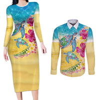Hawaiian Tropical Plants Turtles Couples Matching Long Sleeve Bodycon Dress and Long Sleeve Button Shirt Watercolor Style LT03 Multicolor - Polynesian Pride