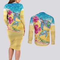 Hawaiian Tropical Plants Turtles Couples Matching Long Sleeve Bodycon Dress and Long Sleeve Button Shirt Watercolor Style LT03 - Polynesian Pride