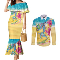 Hawaiian Tropical Plants Turtles Couples Matching Mermaid Dress and Long Sleeve Button Shirt Watercolor Style LT03 Multicolor - Polynesian Pride