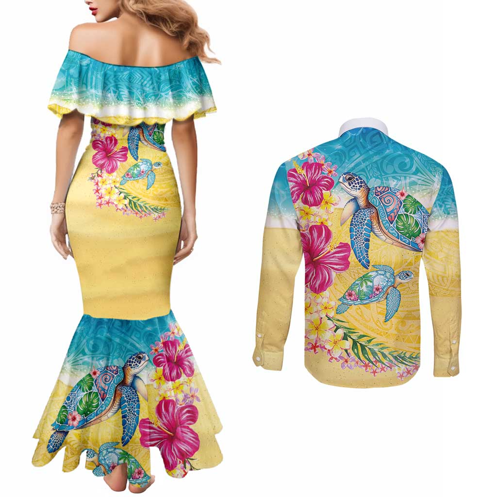 Hawaiian Tropical Plants Turtles Couples Matching Mermaid Dress and Long Sleeve Button Shirt Watercolor Style LT03 - Polynesian Pride