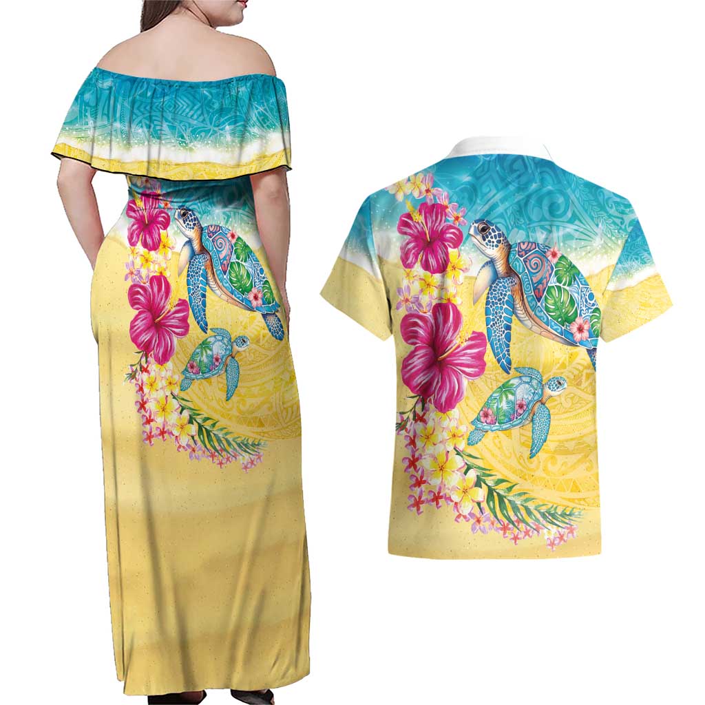 Hawaiian Tropical Plants Turtles Couples Matching Off Shoulder Maxi Dress and Hawaiian Shirt Watercolor Style LT03 - Polynesian Pride