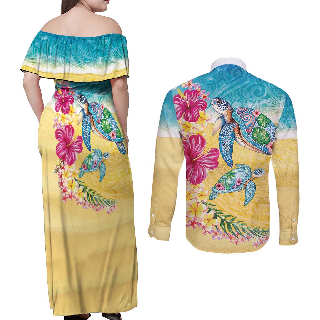 Hawaiian Tropical Plants Turtles Couples Matching Off Shoulder Maxi Dress and Long Sleeve Button Shirt Watercolor Style LT03 - Polynesian Pride