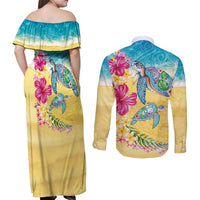 Hawaiian Tropical Plants Turtles Couples Matching Off Shoulder Maxi Dress and Long Sleeve Button Shirt Watercolor Style LT03 - Polynesian Pride