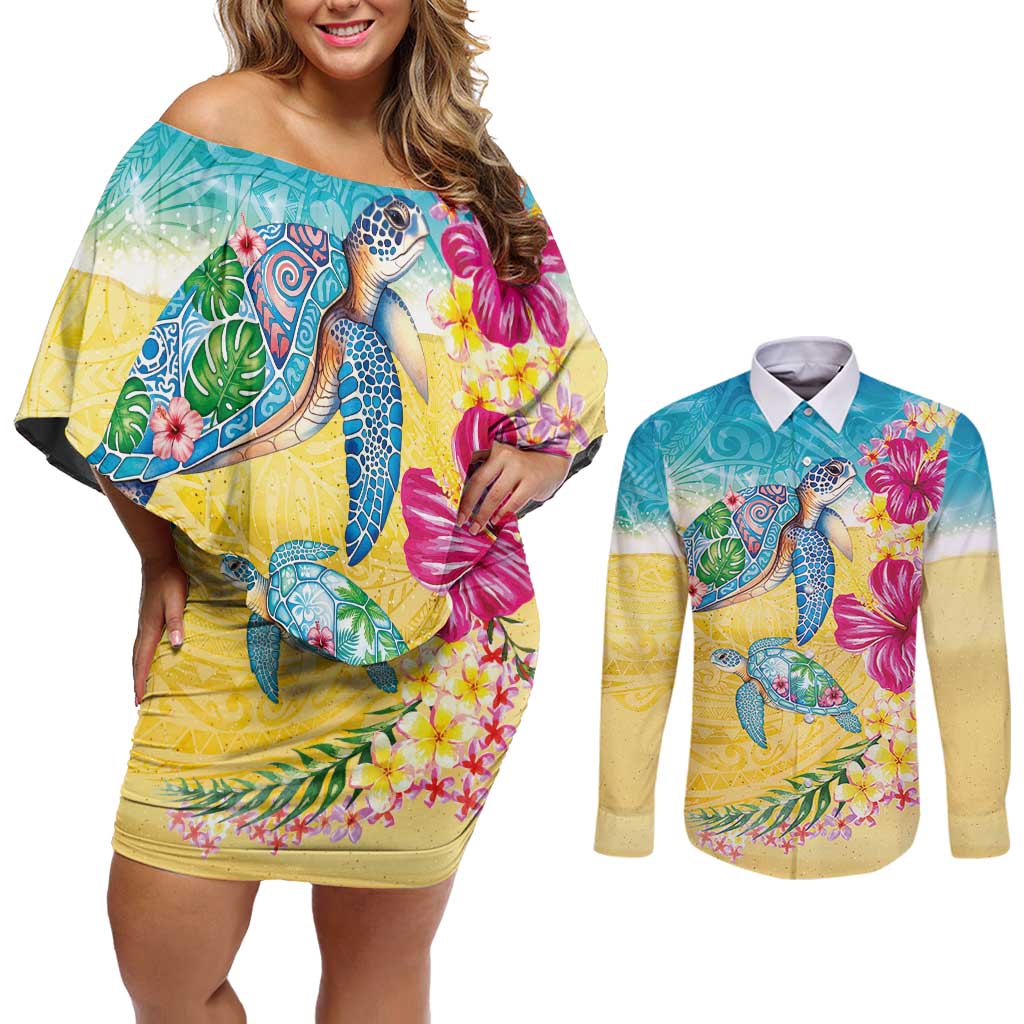 Hawaiian Tropical Plants Turtles Couples Matching Off Shoulder Short Dress and Long Sleeve Button Shirt Watercolor Style LT03 Multicolor - Polynesian Pride