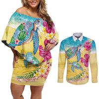 Hawaiian Tropical Plants Turtles Couples Matching Off Shoulder Short Dress and Long Sleeve Button Shirt Watercolor Style LT03 Multicolor - Polynesian Pride