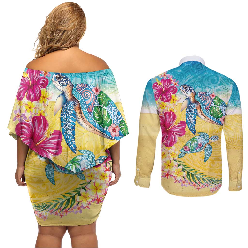 Hawaiian Tropical Plants Turtles Couples Matching Off Shoulder Short Dress and Long Sleeve Button Shirt Watercolor Style LT03 - Polynesian Pride