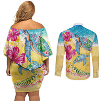 Hawaiian Tropical Plants Turtles Couples Matching Off Shoulder Short Dress and Long Sleeve Button Shirt Watercolor Style LT03 - Polynesian Pride
