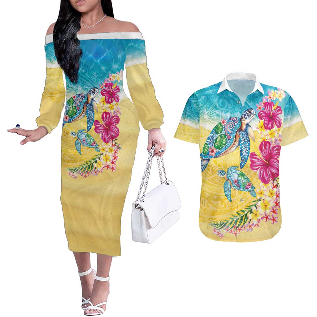 Hawaiian Tropical Plants Turtles Couples Matching Off The Shoulder Long Sleeve Dress and Hawaiian Shirt Watercolor Style LT03 Multicolor - Polynesian Pride