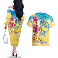 Hawaiian Tropical Plants Turtles Couples Matching Off The Shoulder Long Sleeve Dress and Hawaiian Shirt Watercolor Style LT03 - Polynesian Pride