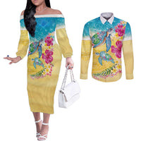 Hawaiian Tropical Plants Turtles Couples Matching Off The Shoulder Long Sleeve Dress and Long Sleeve Button Shirt Watercolor Style LT03 Multicolor - Polynesian Pride