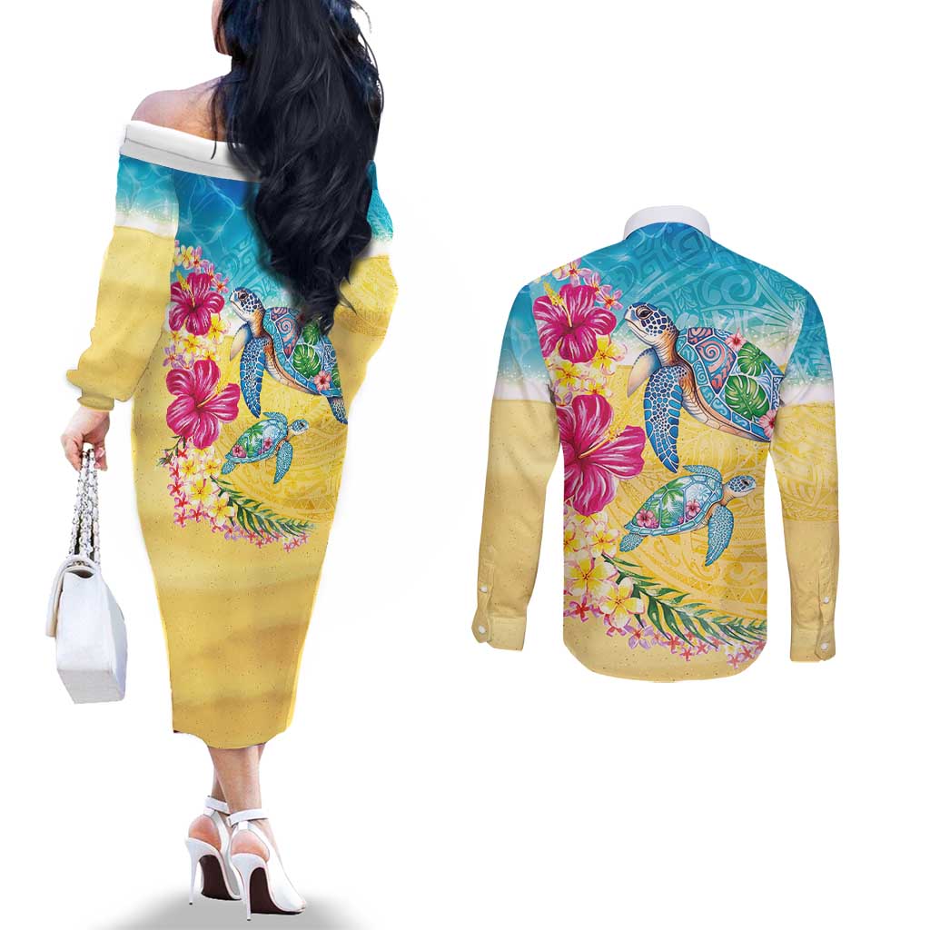 Hawaiian Tropical Plants Turtles Couples Matching Off The Shoulder Long Sleeve Dress and Long Sleeve Button Shirt Watercolor Style LT03 - Polynesian Pride