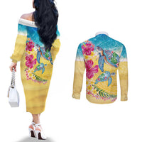 Hawaiian Tropical Plants Turtles Couples Matching Off The Shoulder Long Sleeve Dress and Long Sleeve Button Shirt Watercolor Style LT03 - Polynesian Pride