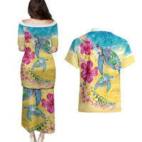 Hawaiian Tropical Plants Turtles Couples Matching Puletasi and Hawaiian Shirt Watercolor Style LT03 - Polynesian Pride