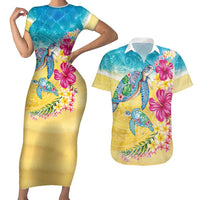 Hawaiian Tropical Plants Turtles Couples Matching Short Sleeve Bodycon Dress and Hawaiian Shirt Watercolor Style LT03 Multicolor - Polynesian Pride