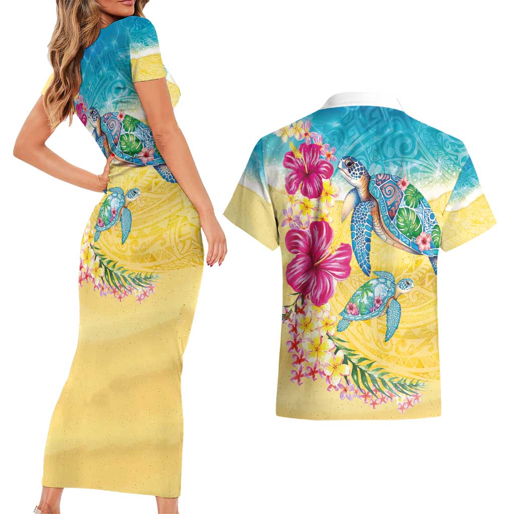 Hawaiian Tropical Plants Turtles Couples Matching Short Sleeve Bodycon Dress and Hawaiian Shirt Watercolor Style LT03 - Polynesian Pride