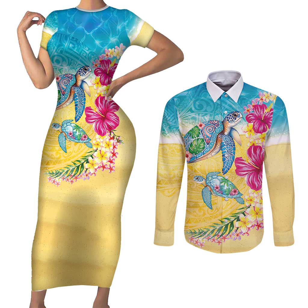 Hawaiian Tropical Plants Turtles Couples Matching Short Sleeve Bodycon Dress and Long Sleeve Button Shirt Watercolor Style LT03 Multicolor - Polynesian Pride