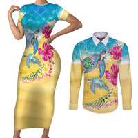 Hawaiian Tropical Plants Turtles Couples Matching Short Sleeve Bodycon Dress and Long Sleeve Button Shirt Watercolor Style LT03 Multicolor - Polynesian Pride
