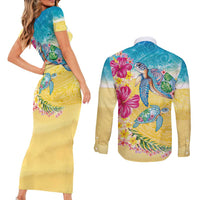 Hawaiian Tropical Plants Turtles Couples Matching Short Sleeve Bodycon Dress and Long Sleeve Button Shirt Watercolor Style LT03 - Polynesian Pride