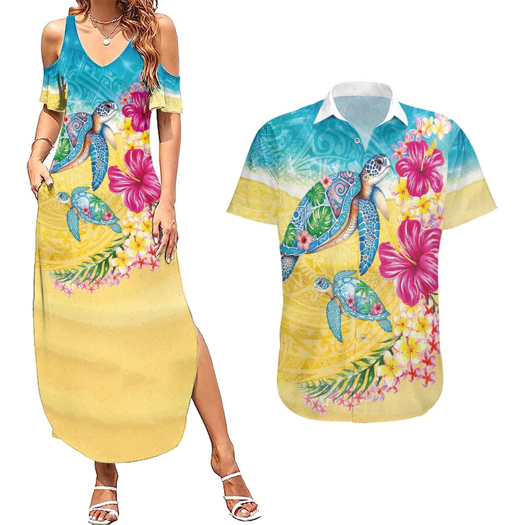 Hawaiian Tropical Plants Turtles Couples Matching Summer Maxi Dress and Hawaiian Shirt Watercolor Style LT03 Multicolor - Polynesian Pride