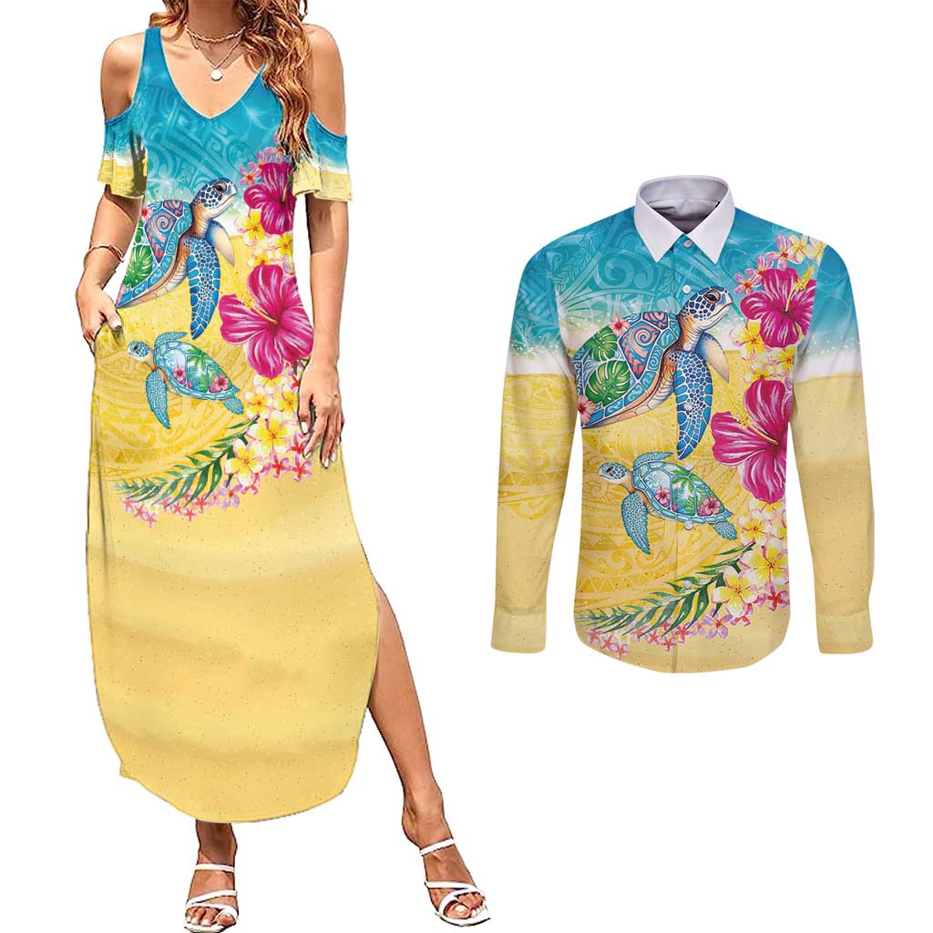 Hawaiian Tropical Plants Turtles Couples Matching Summer Maxi Dress and Long Sleeve Button Shirt Watercolor Style LT03 Multicolor - Polynesian Pride