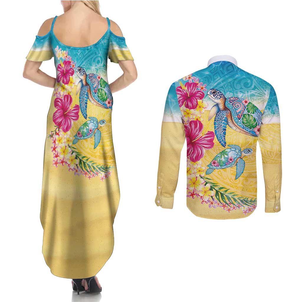 Hawaiian Tropical Plants Turtles Couples Matching Summer Maxi Dress and Long Sleeve Button Shirt Watercolor Style LT03 - Polynesian Pride