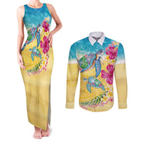Hawaiian Tropical Plants Turtles Couples Matching Tank Maxi Dress and Long Sleeve Button Shirt Watercolor Style LT03 Multicolor - Polynesian Pride