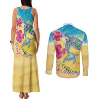 Hawaiian Tropical Plants Turtles Couples Matching Tank Maxi Dress and Long Sleeve Button Shirt Watercolor Style LT03 - Polynesian Pride