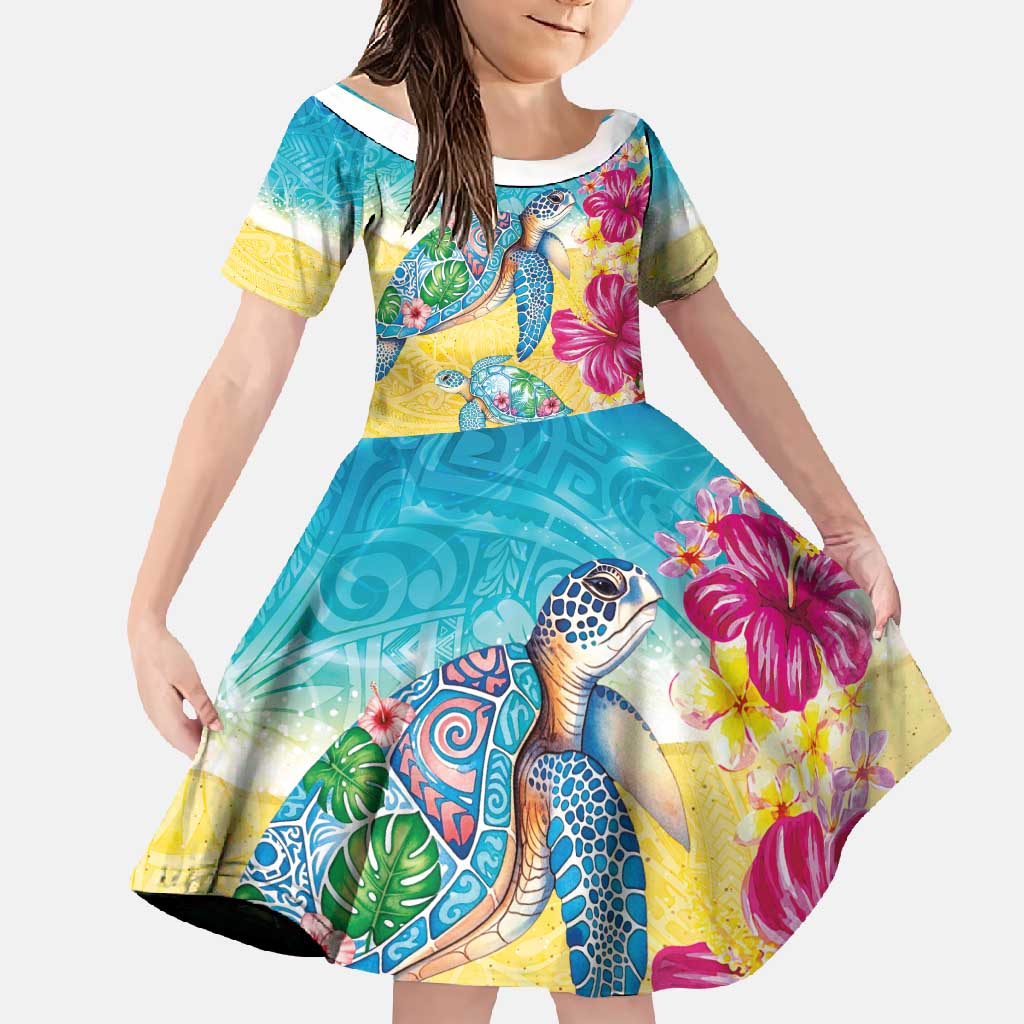 Hawaiian Tropical Plants Turtles Family Matching Long Sleeve Bodycon Dress and Hawaiian Shirt Watercolor Style LT03 Daughter's Dress Multicolor - Polynesian Pride