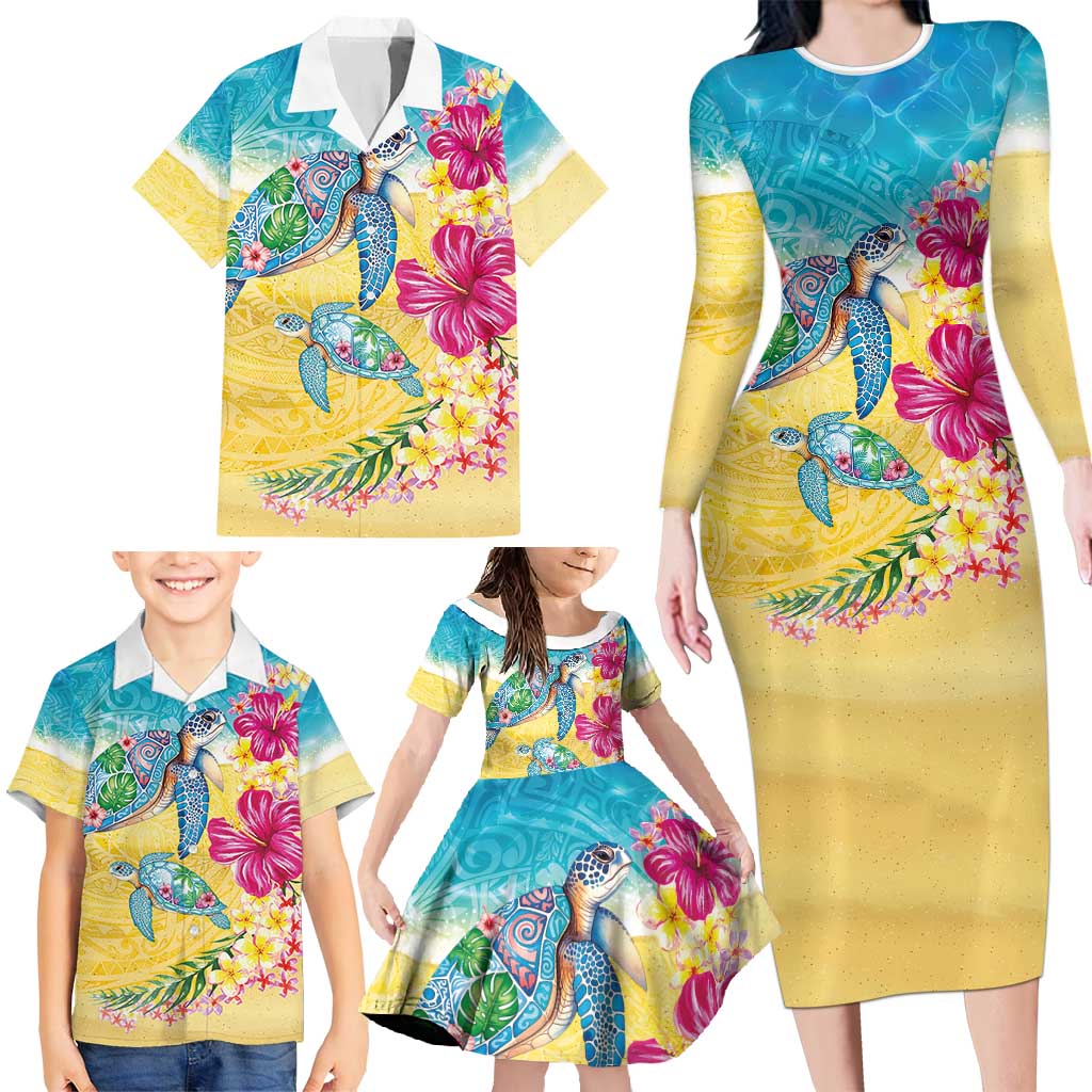 Hawaiian Tropical Plants Turtles Family Matching Long Sleeve Bodycon Dress and Hawaiian Shirt Watercolor Style LT03 - Polynesian Pride