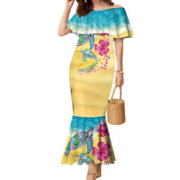 Hawaiian Tropical Plants Turtles Family Matching Mermaid Dress and Hawaiian Shirt Watercolor Style LT03 Mom's Dress Multicolor - Polynesian Pride