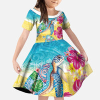 Hawaiian Tropical Plants Turtles Family Matching Off Shoulder Maxi Dress and Hawaiian Shirt Watercolor Style LT03 Daughter's Dress Multicolor - Polynesian Pride