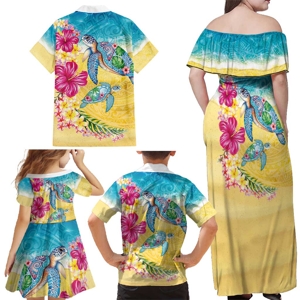 Hawaiian Tropical Plants Turtles Family Matching Off Shoulder Maxi Dress and Hawaiian Shirt Watercolor Style LT03 - Polynesian Pride
