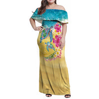 Hawaiian Tropical Plants Turtles Family Matching Off Shoulder Maxi Dress and Hawaiian Shirt Watercolor Style LT03 Mom's Dress Multicolor - Polynesian Pride
