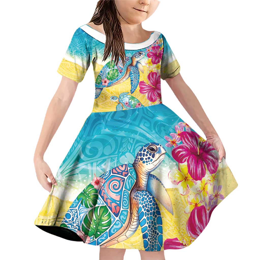 Hawaiian Tropical Plants Turtles Family Matching Off Shoulder Short Dress and Hawaiian Shirt Watercolor Style LT03 Daughter's Dress Multicolor - Polynesian Pride