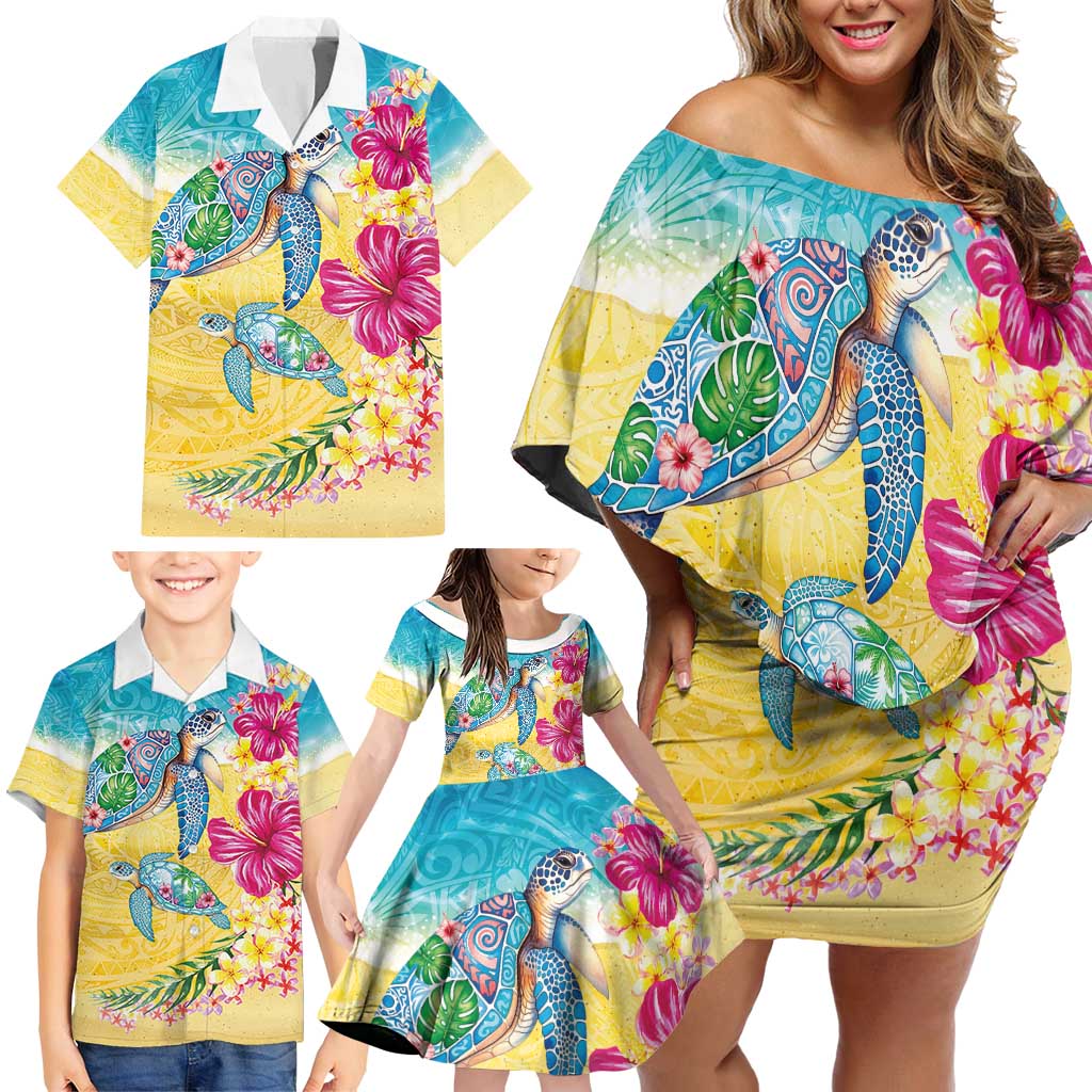 Hawaiian Tropical Plants Turtles Family Matching Off Shoulder Short Dress and Hawaiian Shirt Watercolor Style LT03 - Polynesian Pride