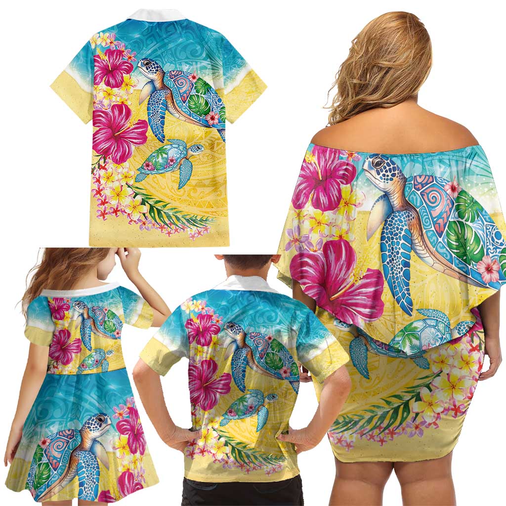 Hawaiian Tropical Plants Turtles Family Matching Off Shoulder Short Dress and Hawaiian Shirt Watercolor Style LT03 - Polynesian Pride