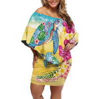 Hawaiian Tropical Plants Turtles Family Matching Off Shoulder Short Dress and Hawaiian Shirt Watercolor Style LT03 Mom's Dress Multicolor - Polynesian Pride