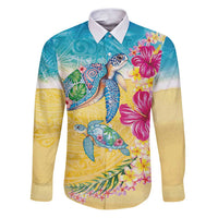 Hawaiian Tropical Plants Turtles Family Matching Puletasi and Hawaiian Shirt Watercolor Style LT03 Dad's Shirt - Long Sleeve Multicolor - Polynesian Pride