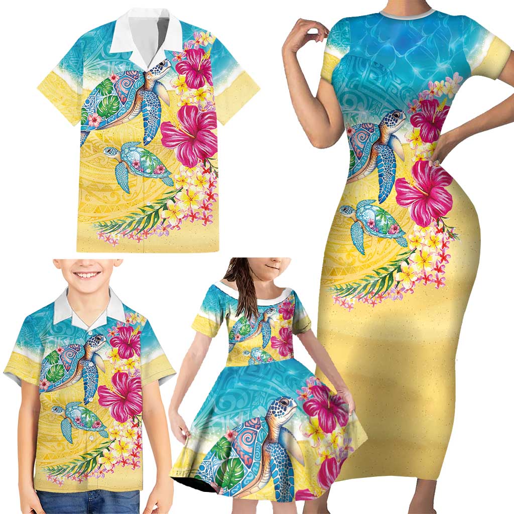 Hawaiian Tropical Plants Turtles Family Matching Short Sleeve Bodycon Dress and Hawaiian Shirt Watercolor Style LT03 - Polynesian Pride