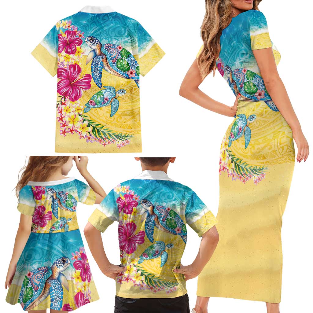 Hawaiian Tropical Plants Turtles Family Matching Short Sleeve Bodycon Dress and Hawaiian Shirt Watercolor Style LT03 - Polynesian Pride