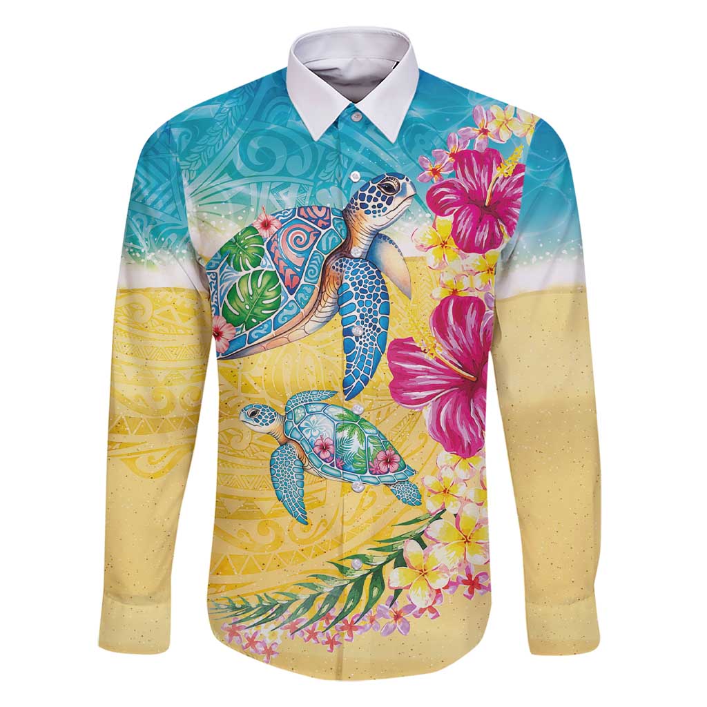 Hawaiian Tropical Plants Turtles Family Matching Short Sleeve Bodycon Dress and Hawaiian Shirt Watercolor Style LT03 Dad's Shirt - Long Sleeve Multicolor - Polynesian Pride