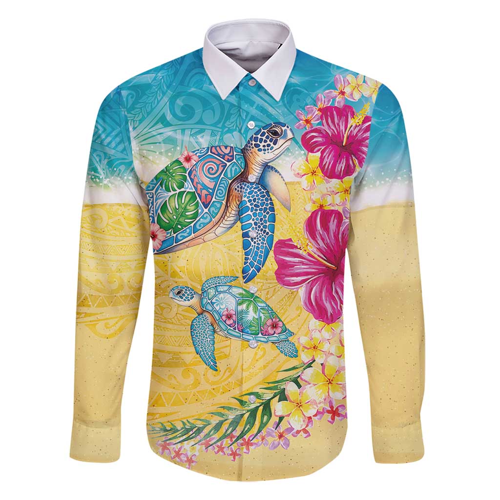 Hawaiian Tropical Plants Turtles Family Matching Summer Maxi Dress and Hawaiian Shirt Watercolor Style LT03 Dad's Shirt - Long Sleeve Multicolor - Polynesian Pride