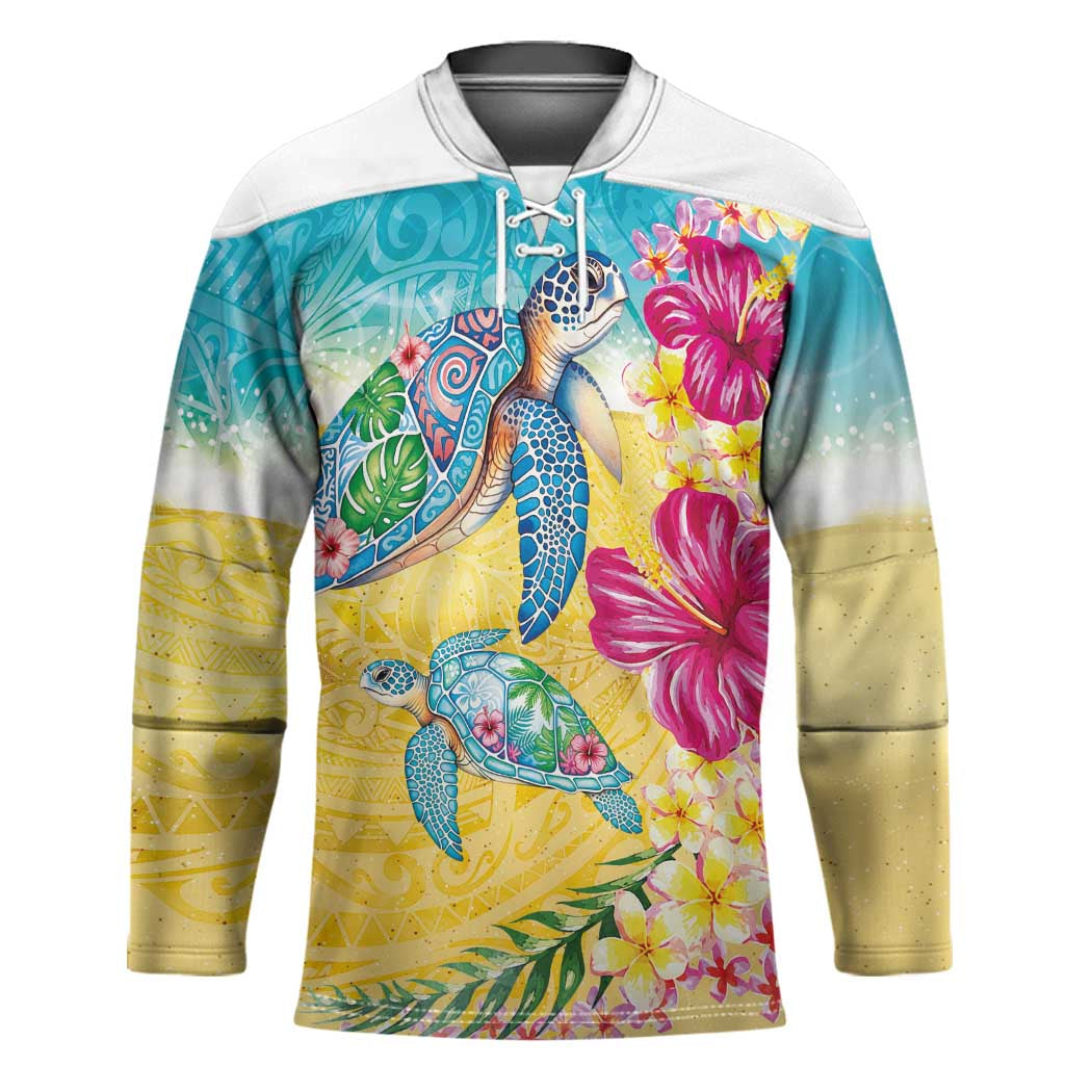 Hawaiian Tropical Plants Turtles Hockey Jersey Watercolor Style - Polynesian Pride