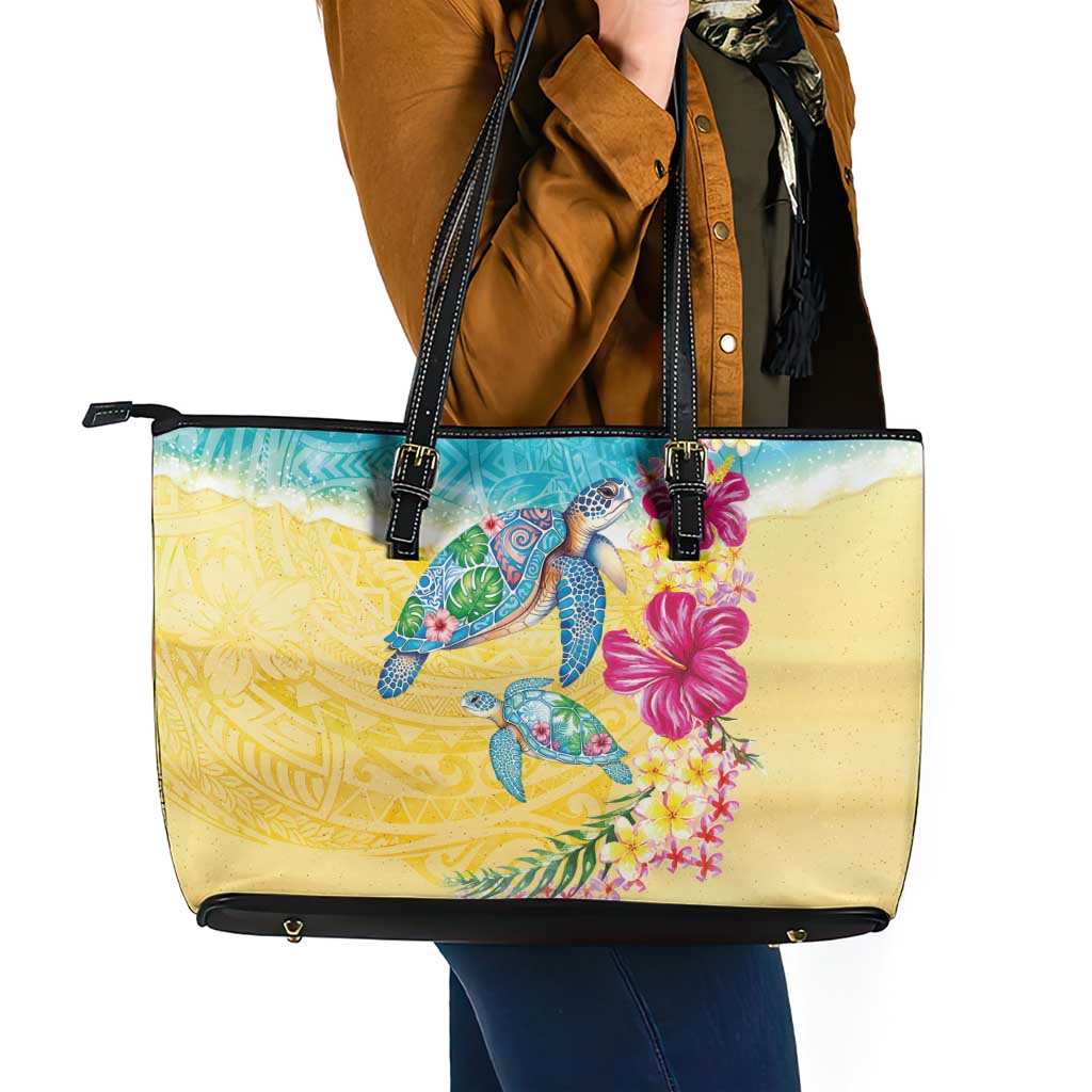 Hawaiian Tropical Plants Turtles Leather Tote Bag Watercolor Style - Polynesian Pride