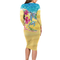 Hawaiian Tropical Plants Turtles Long Sleeve Bodycon Dress Watercolor Style - Polynesian Pride